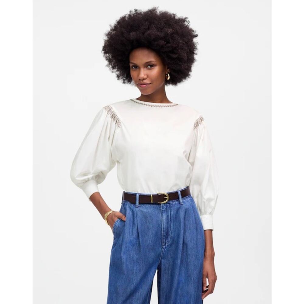 NWT Madewell Embroidered Poplin Balloon-Sleeve Top In White Size XS